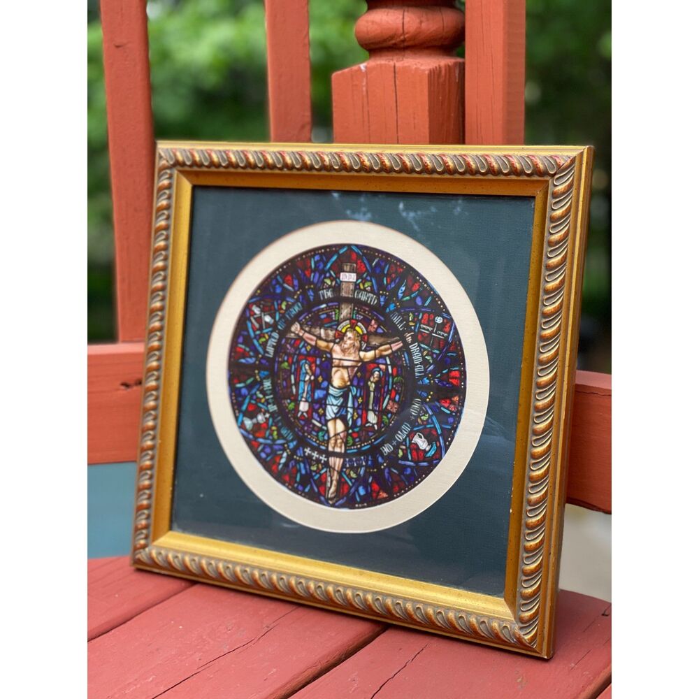 Framed Glass Crucifixion Print – 1986 Church Memory, Vintage Religious Wall Art